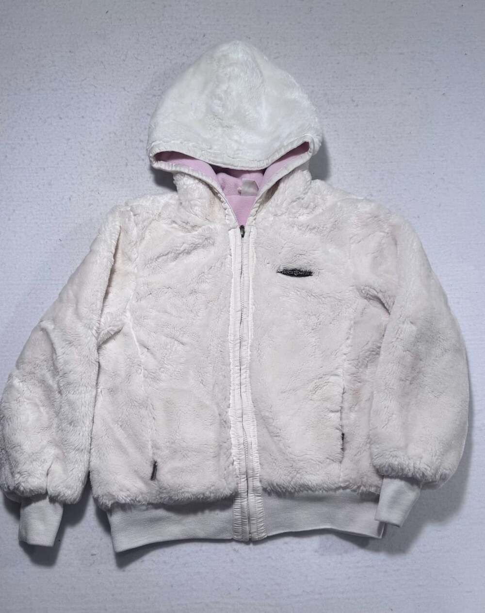 Roca Wear Faux Fur Zip Up Hoodie Size 16 White Y2K